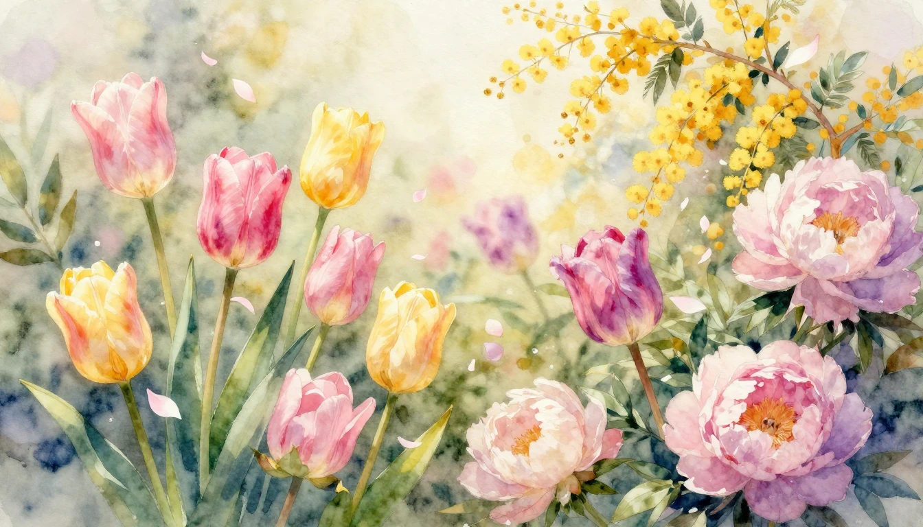 A beautiful and vibrant watercolor painting of a lush spring...