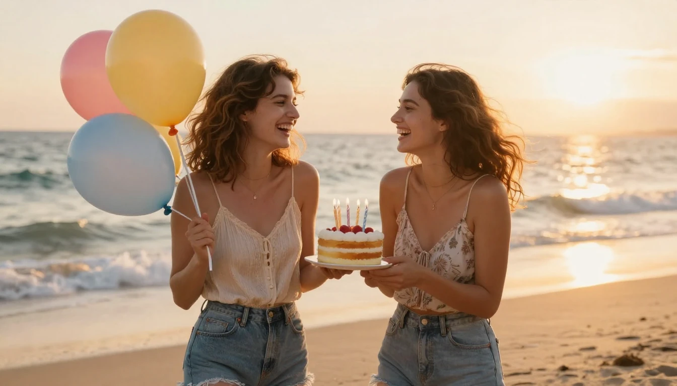 Two young women laughing together on a sunny beach at sunset...