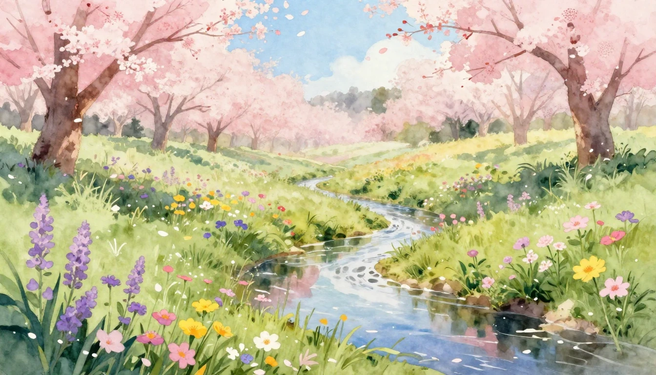 A beautiful watercolor painting of a lush spring meadow fill...