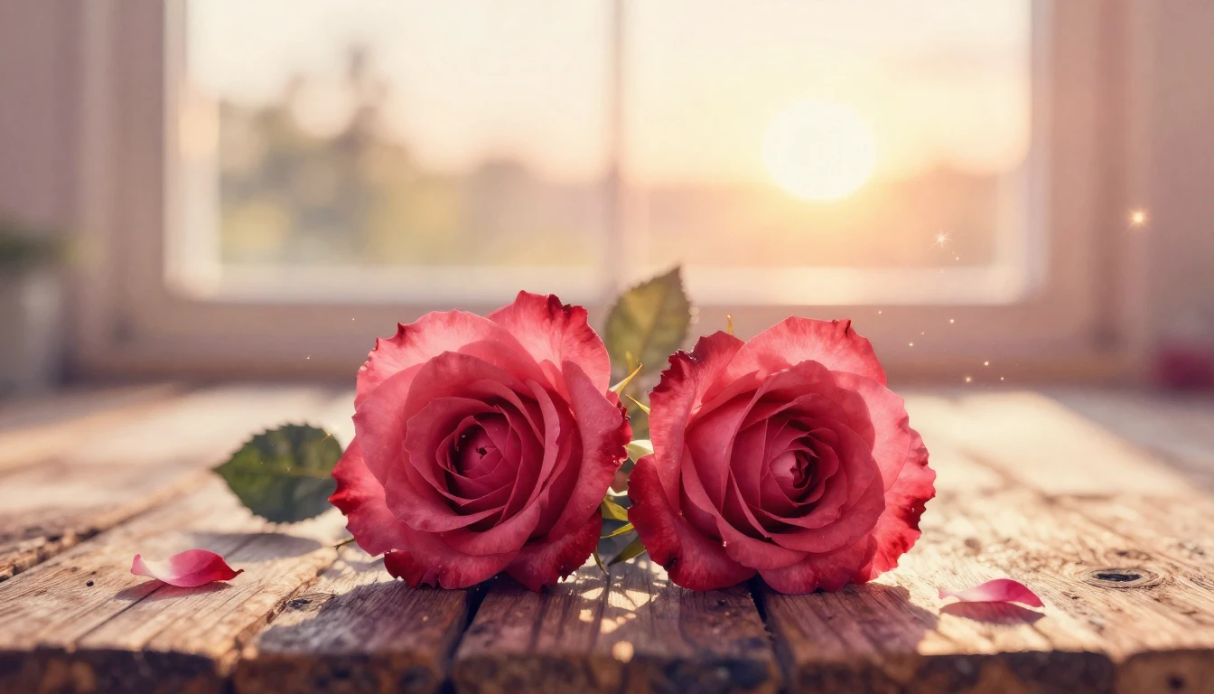 A soft watercolor painting of two delicate red roses intertw...