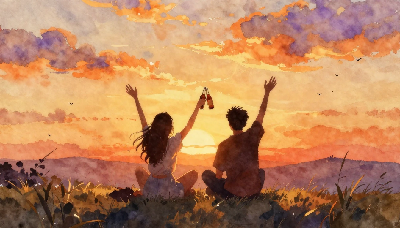 A warm and nostalgic watercolor painting showing the silhoue...