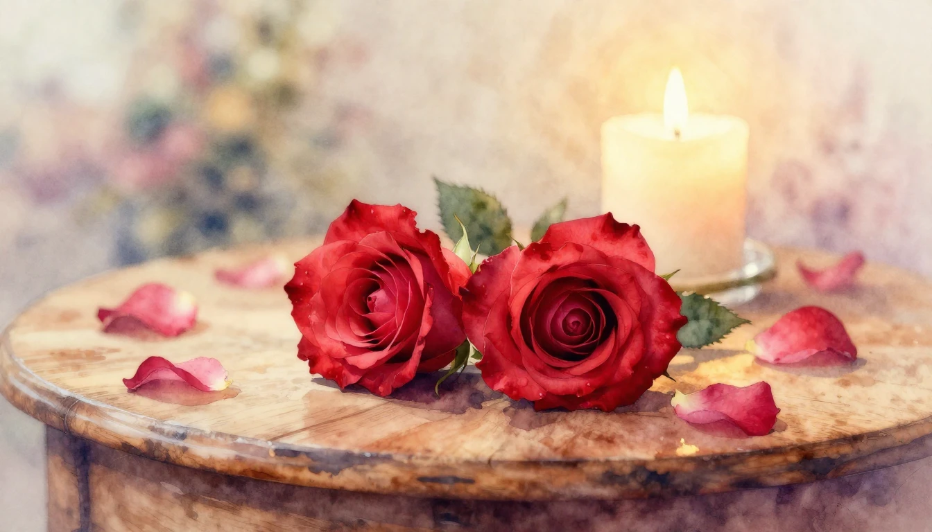 A delicate watercolor painting of two intertwined red roses ...