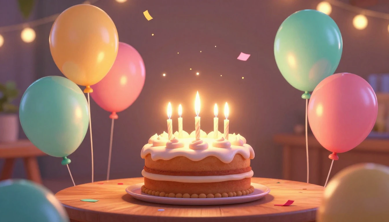 A warm and joyful 3D animated style scene celebrating a birt...