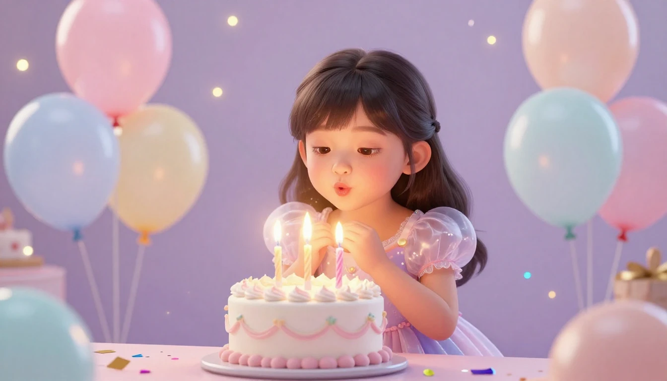 A cute little girl blowing out candles on a colorful birthda...