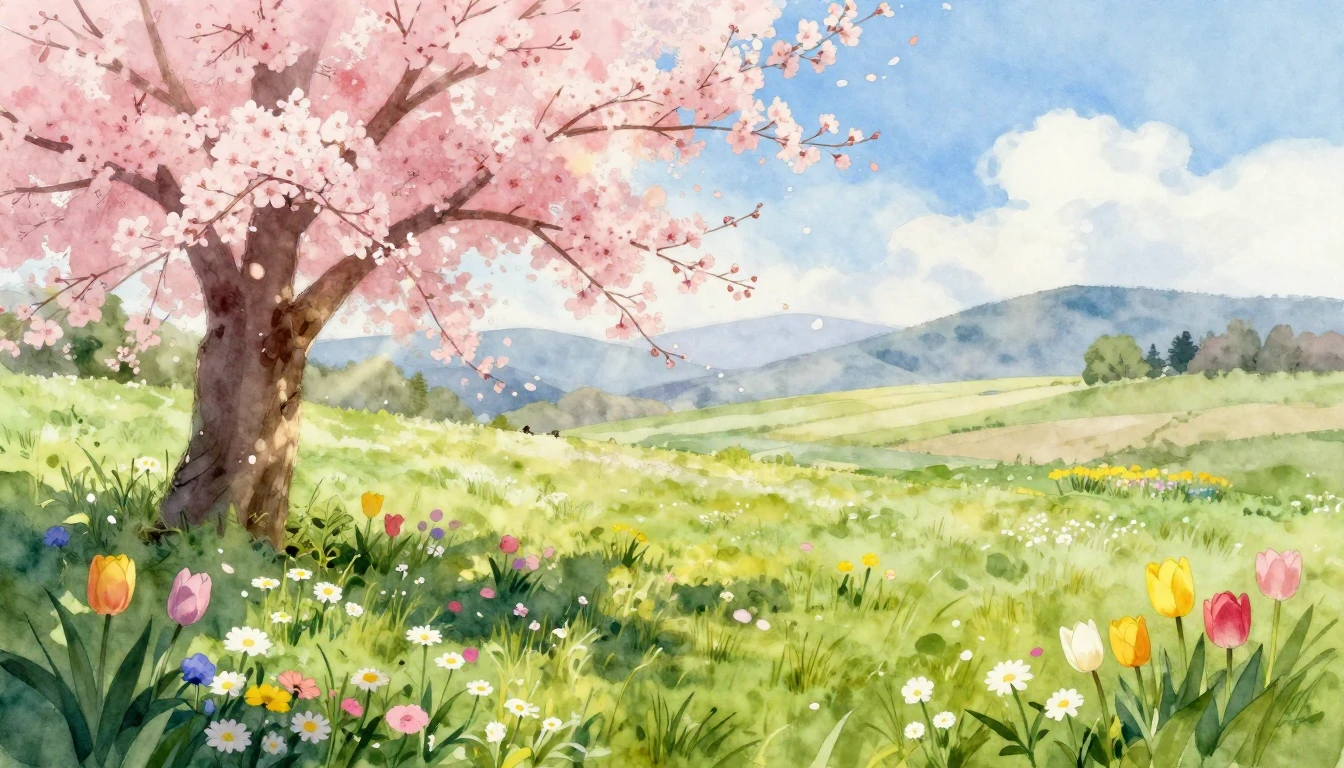 A vibrant watercolor painting of a lush meadow in full bloom...