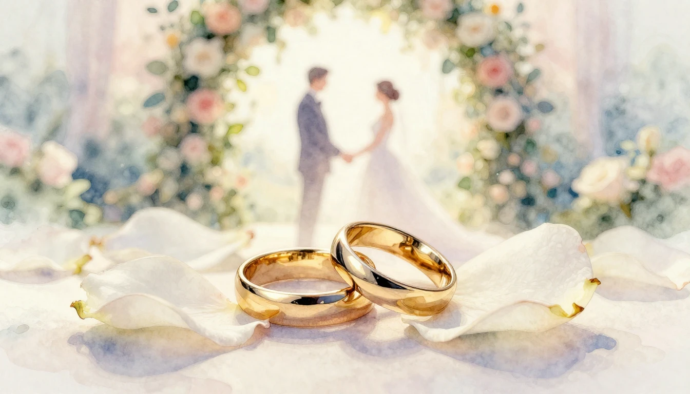 A soft and romantic watercolor painting representing a weddi...