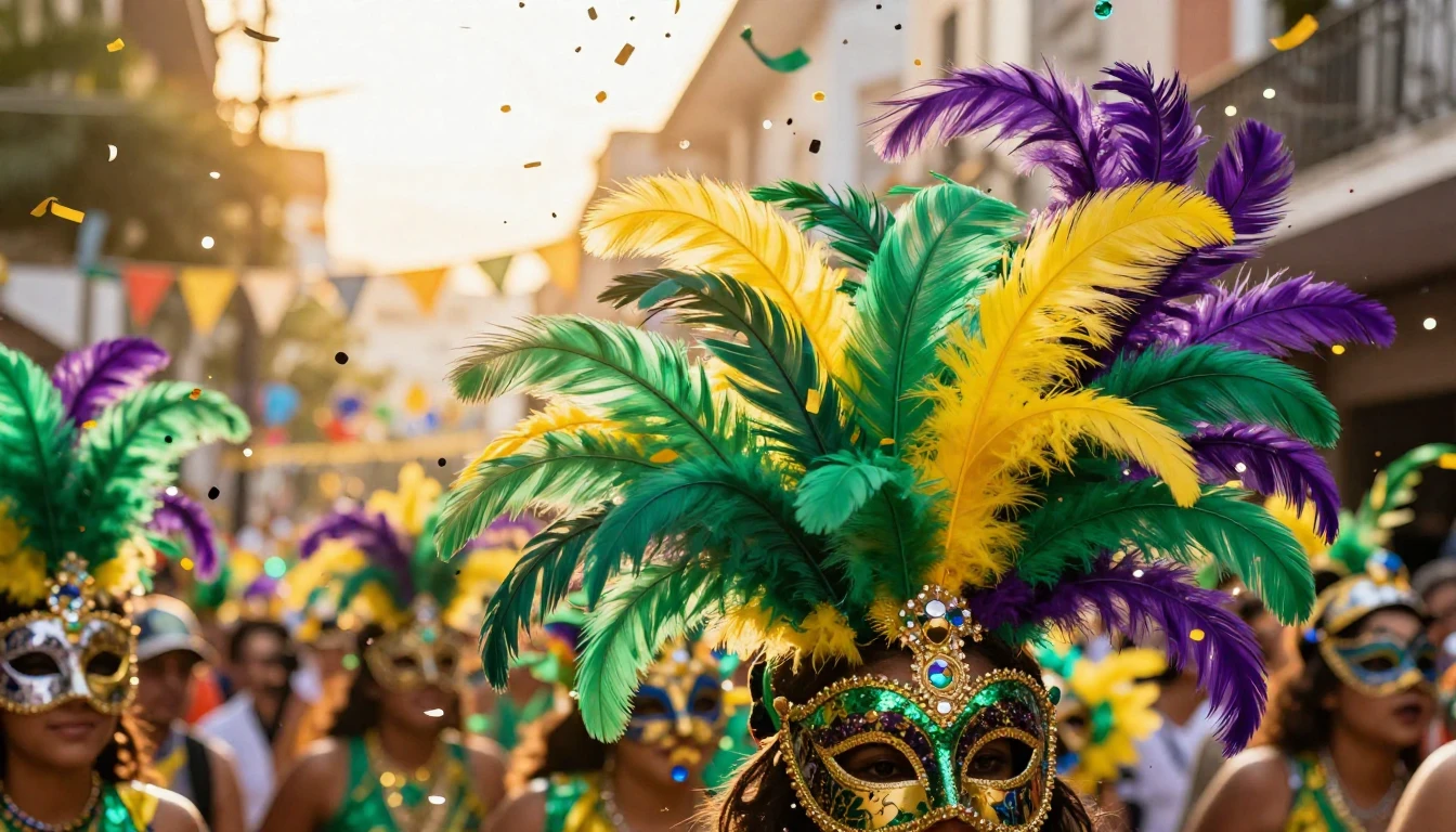 A vibrant and explosive scene of a Carnival celebration. The...