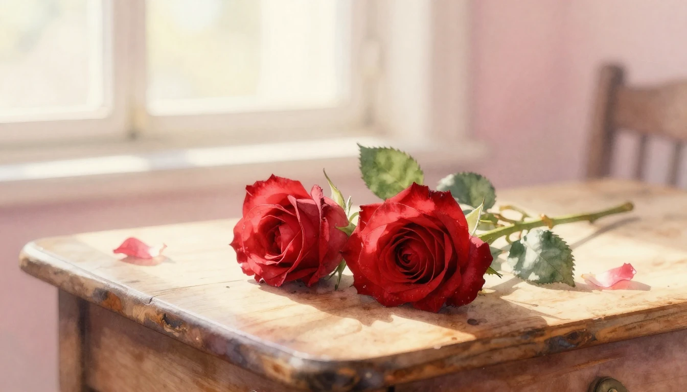 A delicate watercolor painting of two intertwined red roses ...