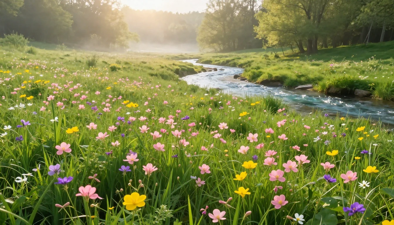 A breathtaking landscape of a lush green meadow filled with ...