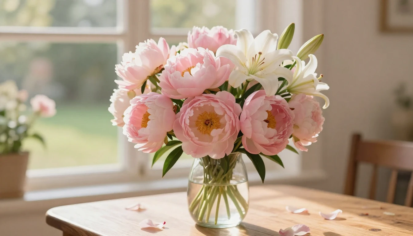 A beautiful and serene scene featuring a lush bouquet of sof...