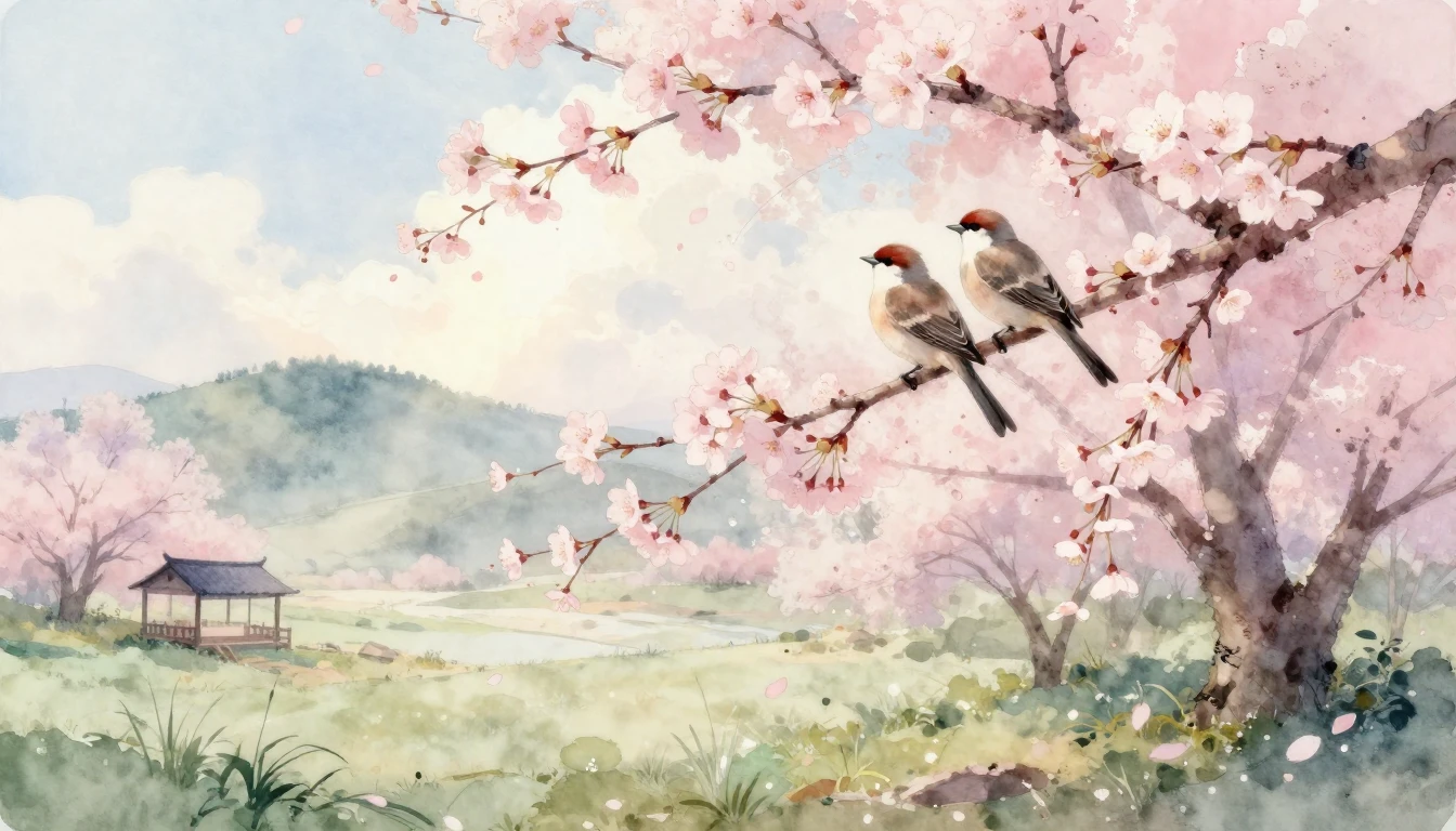 A delicate watercolor painting of a serene landscape in earl...