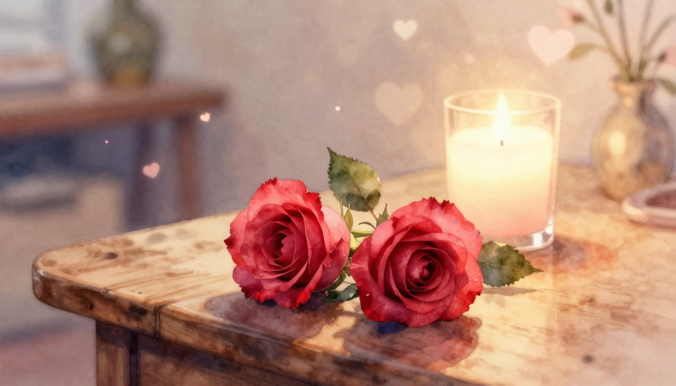 A beautiful watercolor painting of two delicate red roses re...