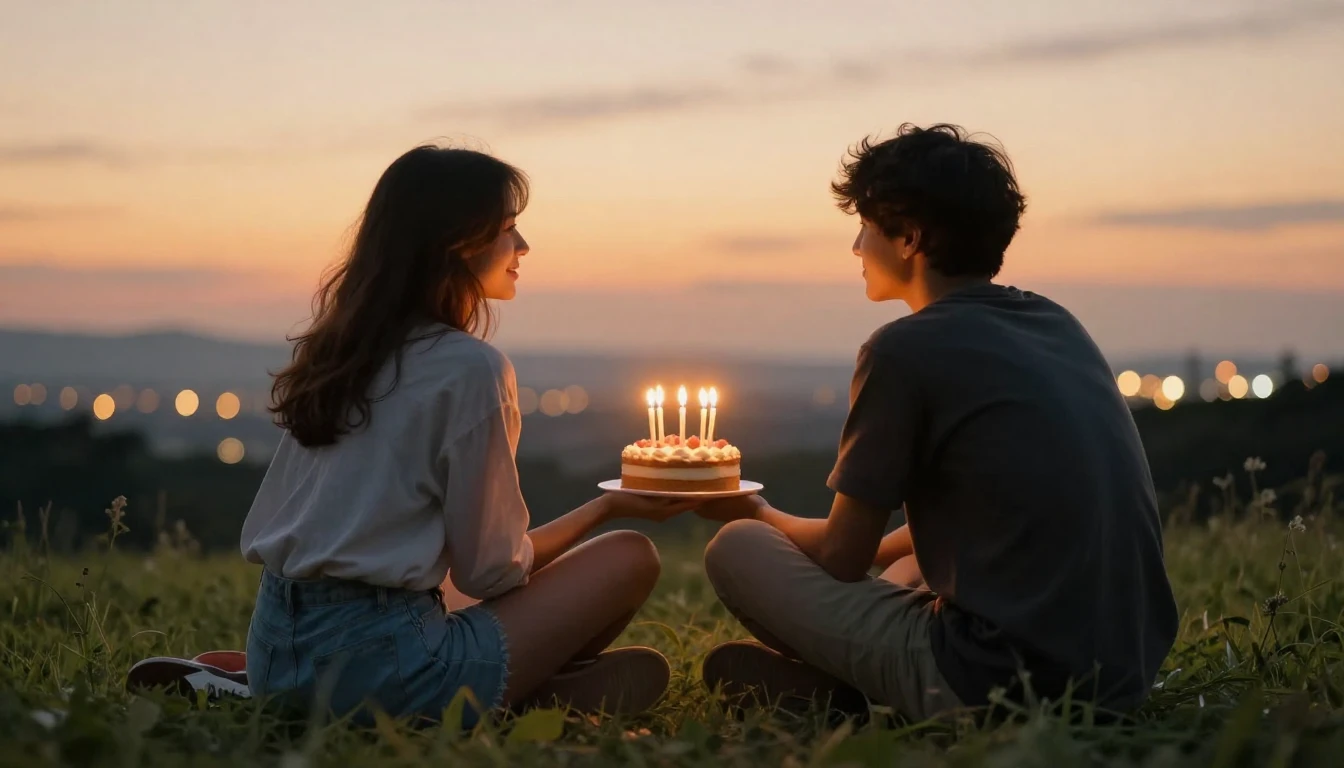 Two friends sitting side by side on a grassy hill during a g...