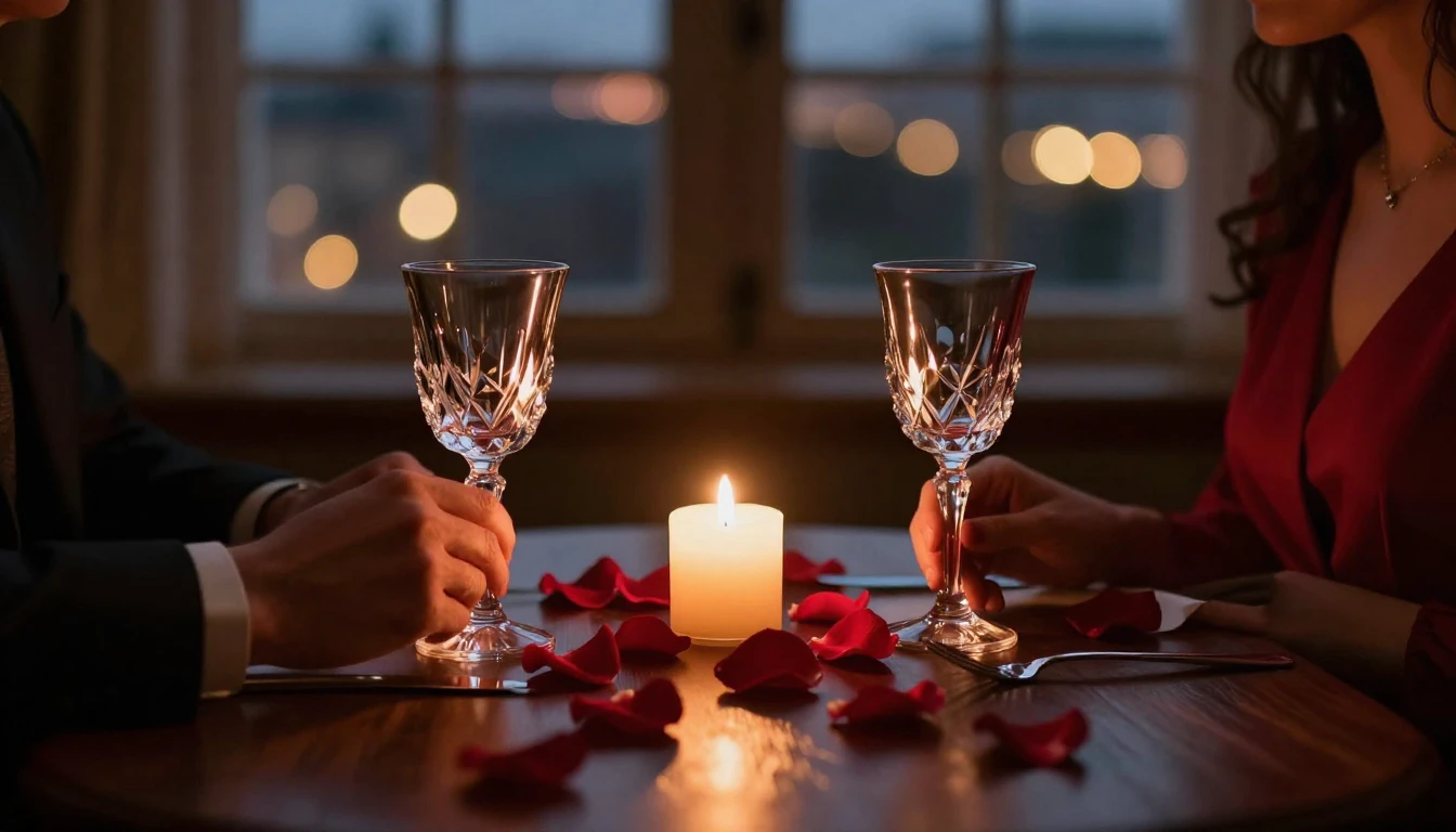 A warm, dimly lit scene of a romantic dinner table set for t...