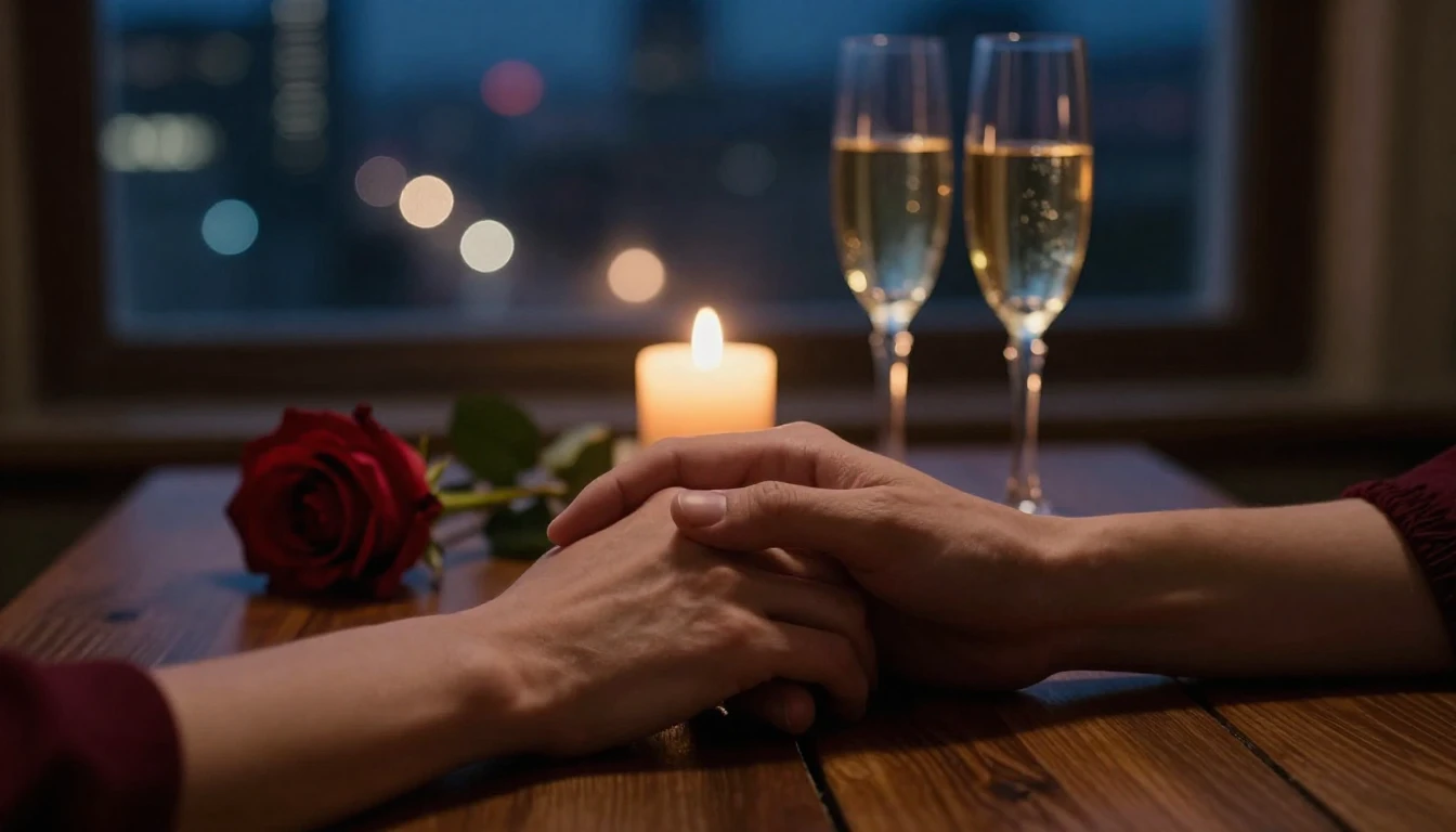 A romantic and cinematic close-up shot of two hands gently i...