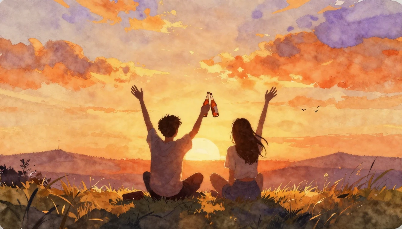 A warm and nostalgic watercolor painting showing the silhoue...