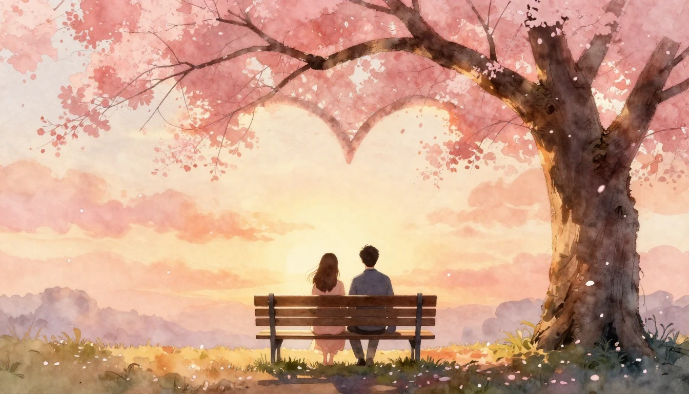 A romantic watercolor painting of a couple sitting on a wood...