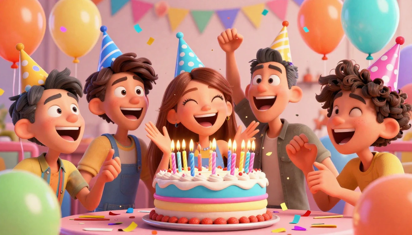 A humorous and chaotic birthday party scene featuring a grou...