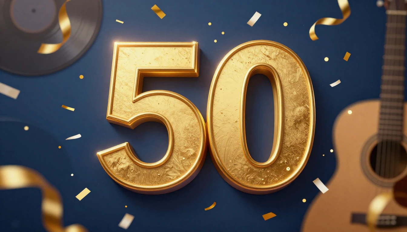 A festive and vibrant album cover design celebrating a 50th ...