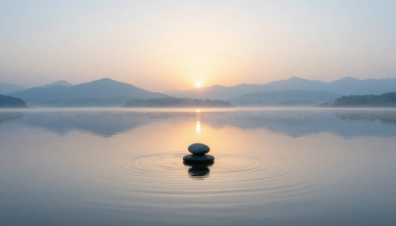 A serene and minimalist landscape featuring a calm, mirror-l...