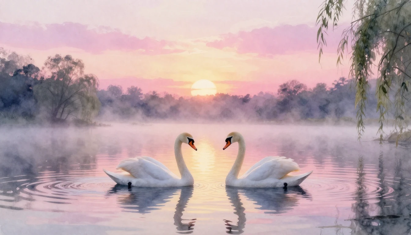 A beautiful watercolor painting of two elegant swans gliding...