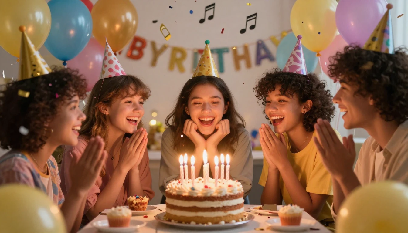 A vibrant and colorful birthday celebration scene, focusing ...