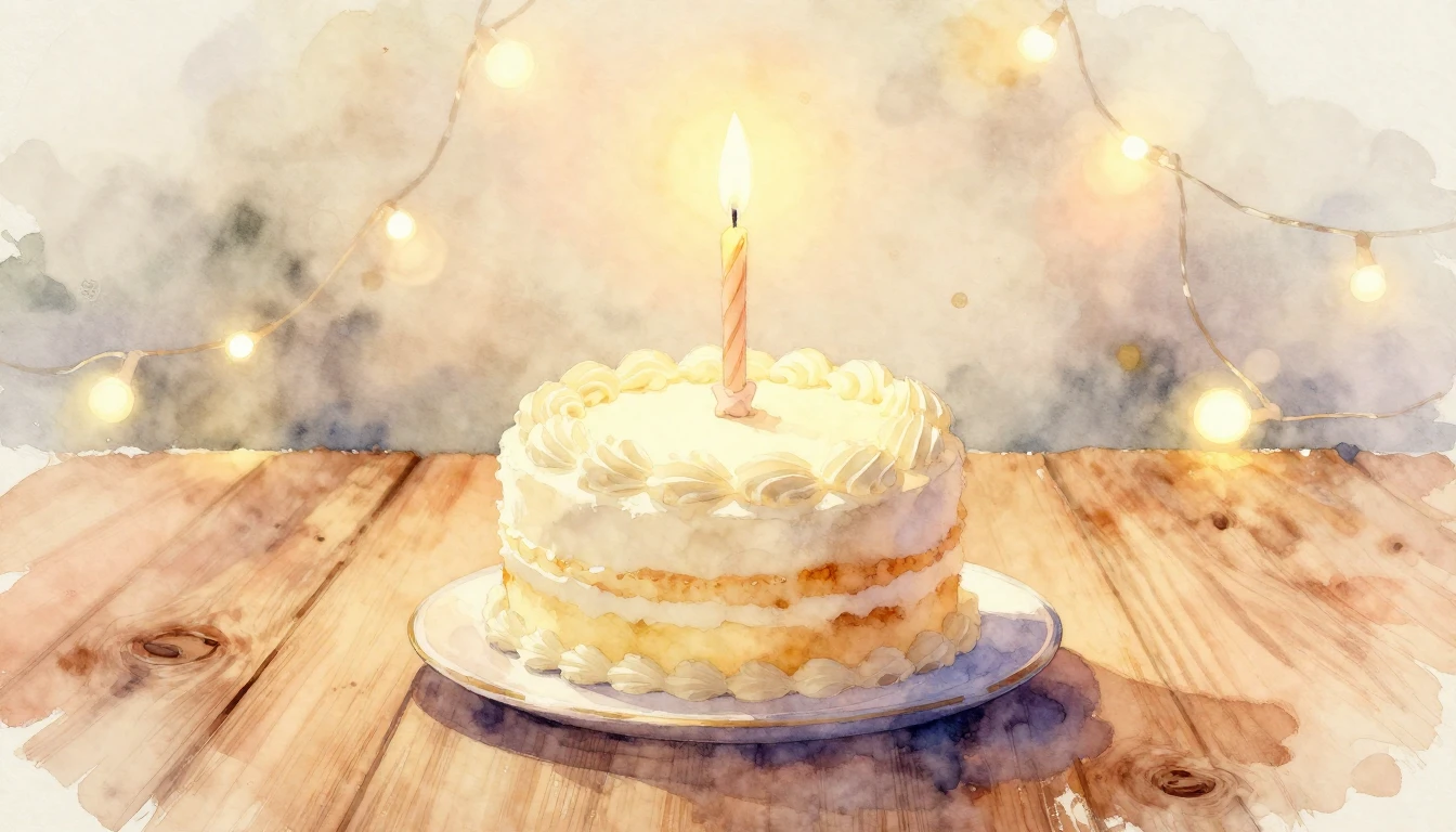 A soft watercolor painting of a small, elegant birthday cake...
