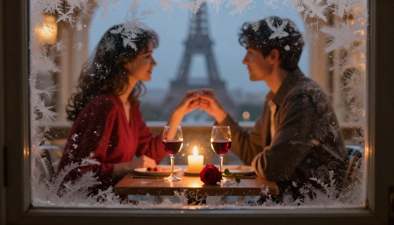 A romantic and cozy interior scene viewed through a window p...