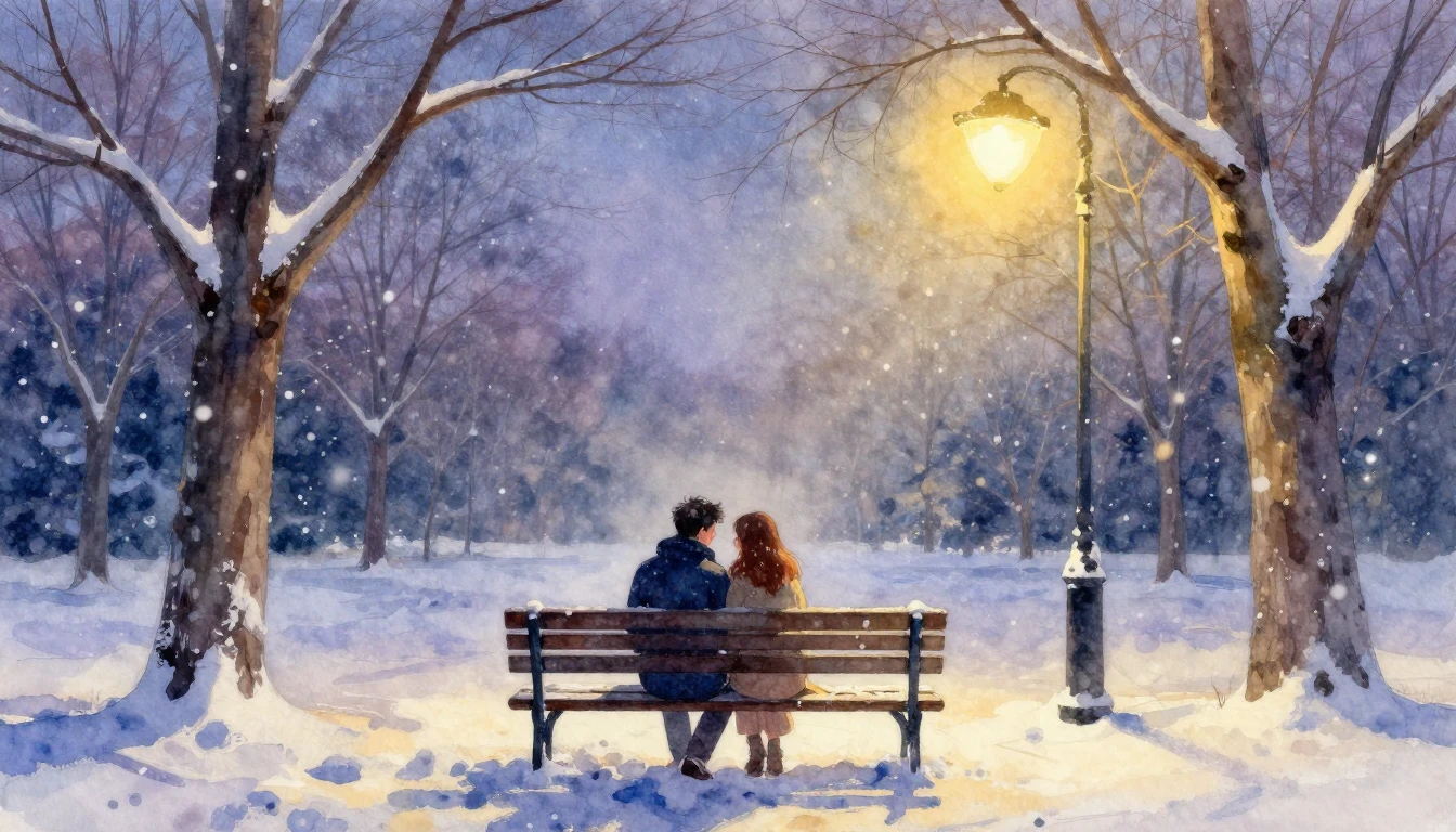 A soft and dreamy watercolor painting of a couple sitting cl...