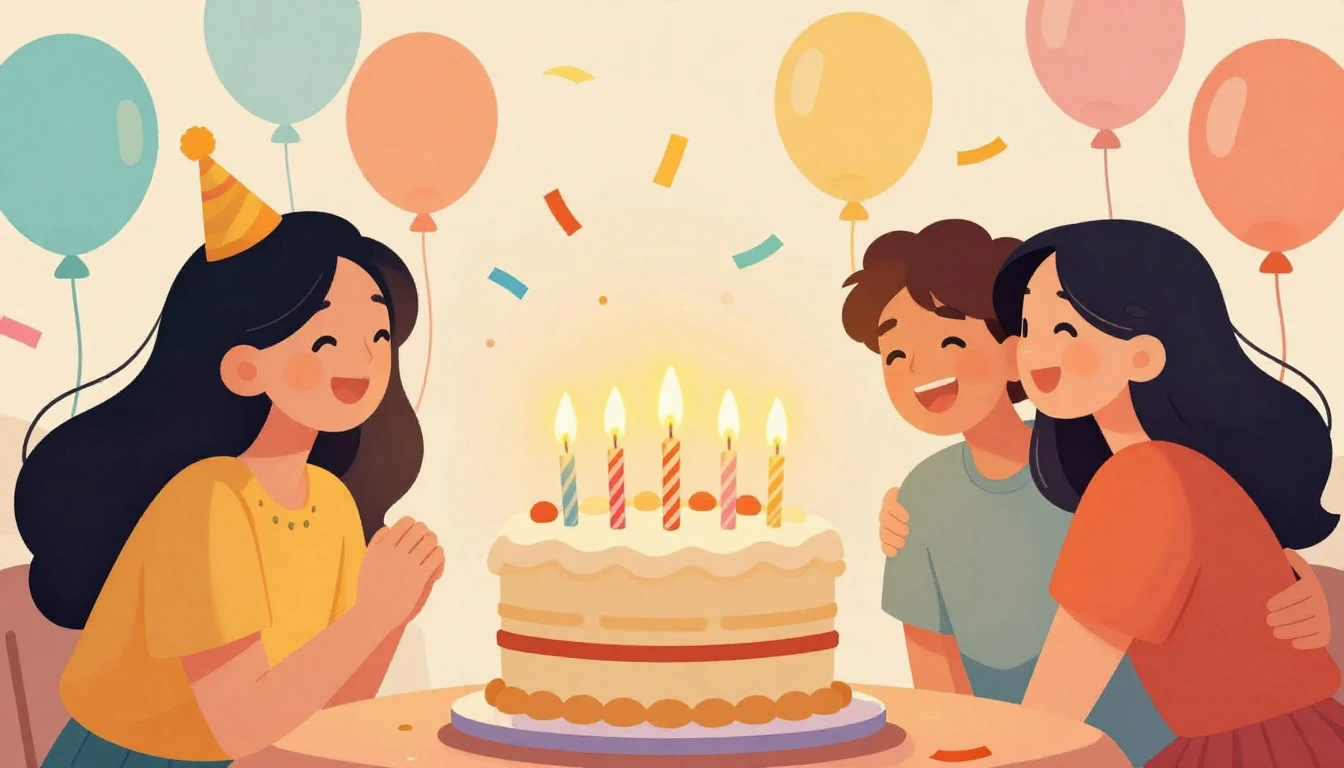 A warm and festive illustration of a birthday celebration, a...