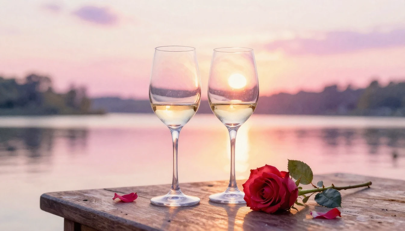 A dreamy watercolor painting of two elegant wine glasses sit...