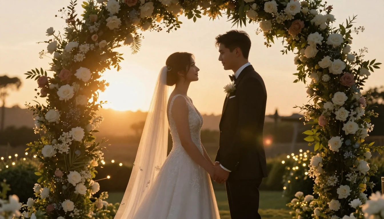 Cinematic shot of a bride and groom holding hands under a be...
