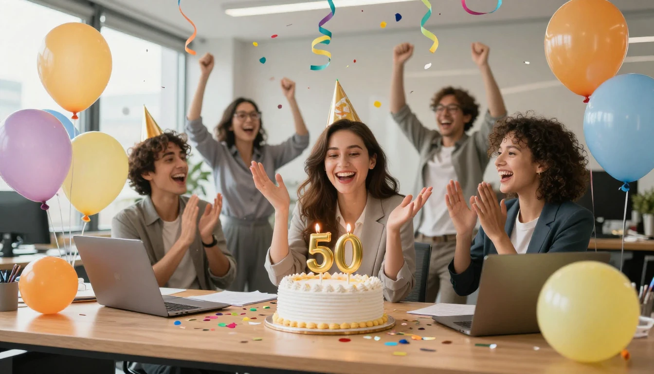 A festive and joyful office celebration scene for a 50th bir...
