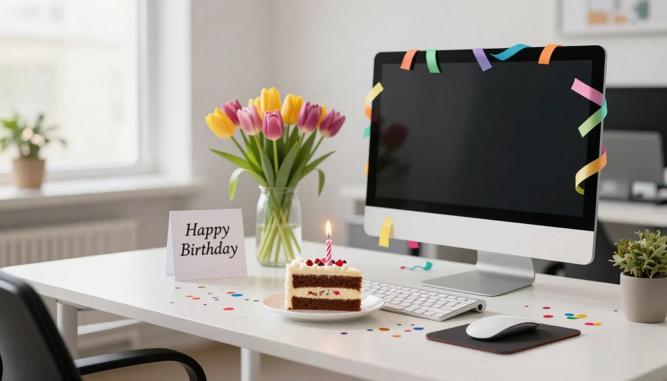 A festive and bright office desk scene celebrating a birthda...