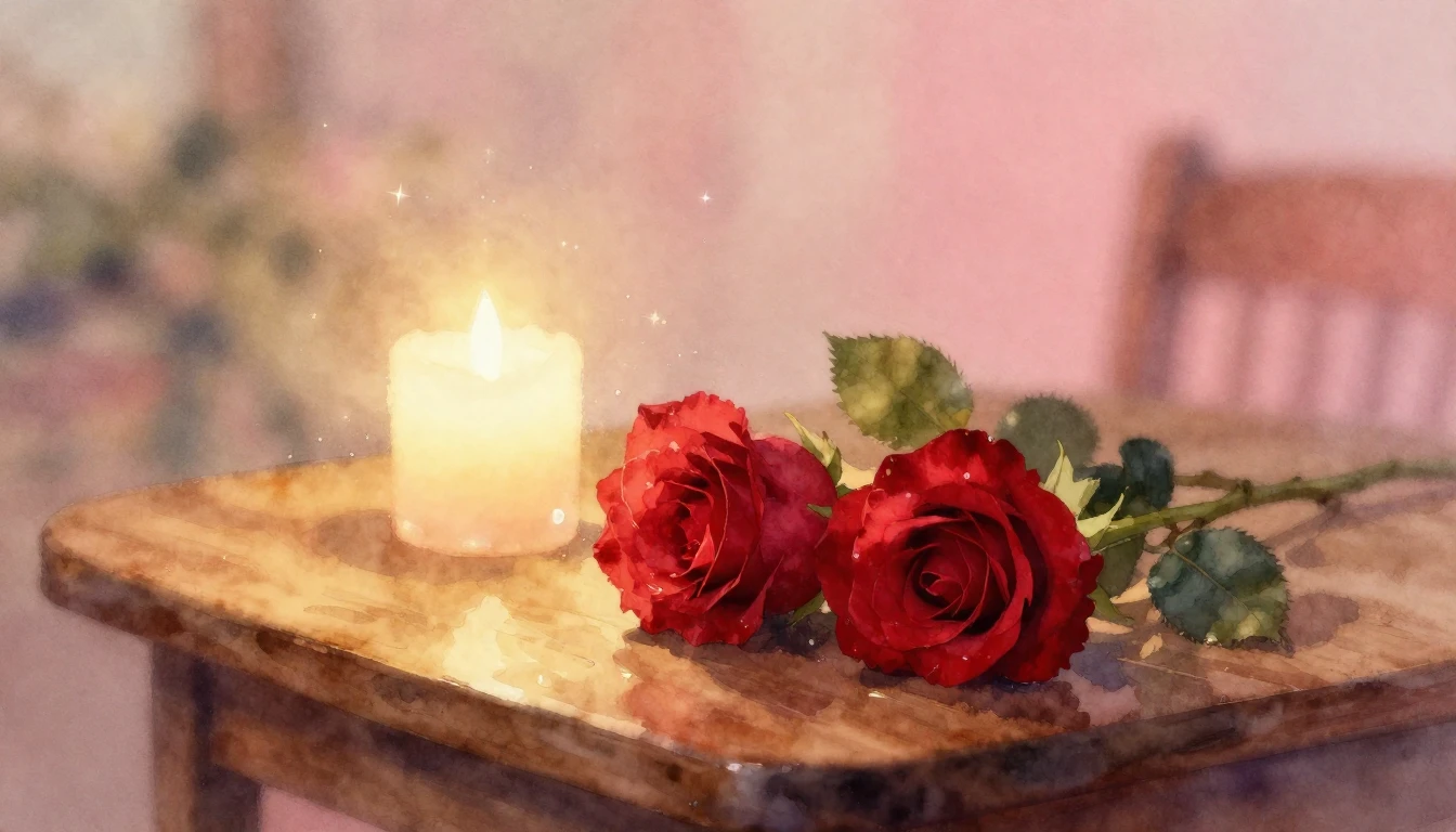 A soft watercolor painting of two delicate red roses resting...