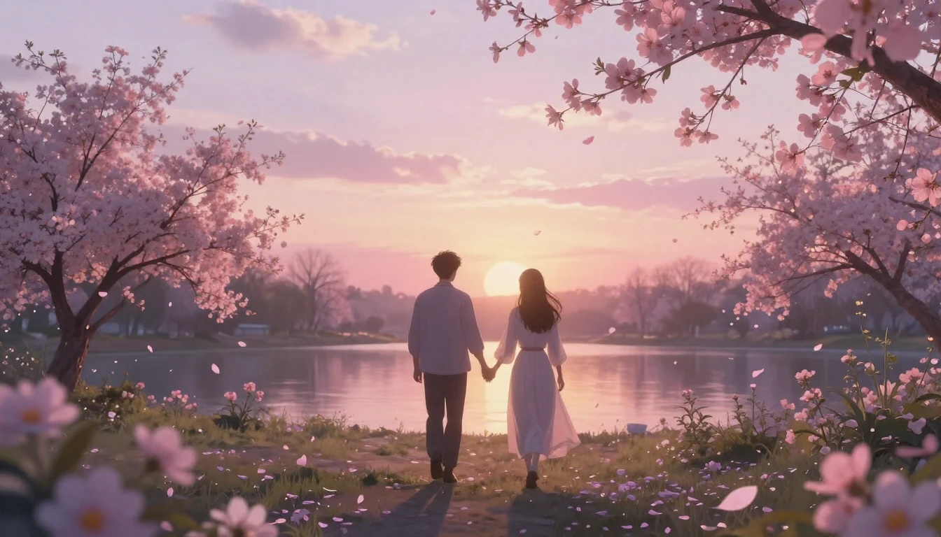 A beautiful, ethereal scene of two silhouettes walking hand-...