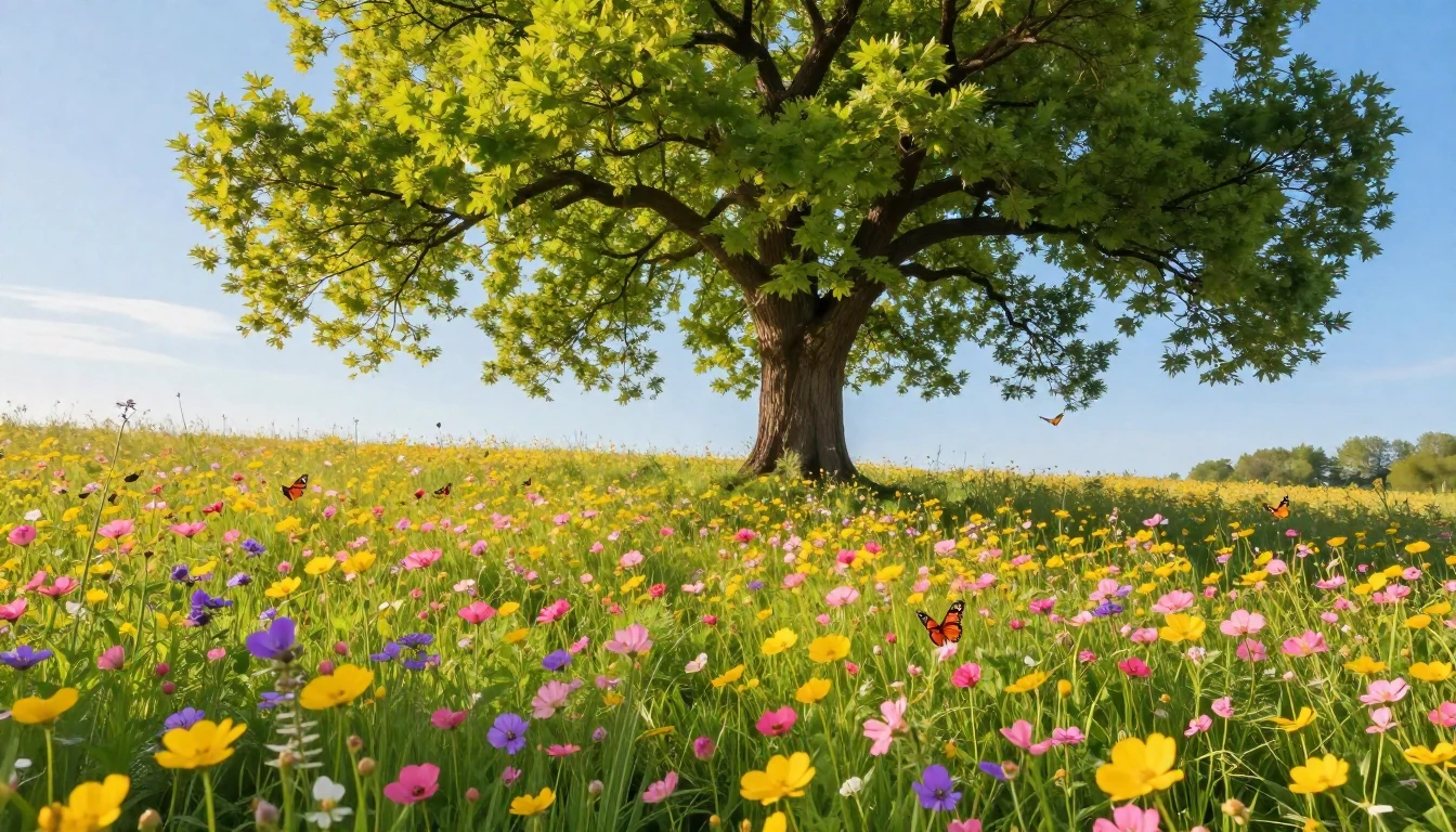 A vibrant meadow filled with blooming wildflowers in shades ...