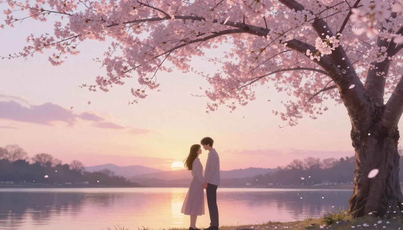 A dreamlike scene featuring two delicate silhouettes of a co...