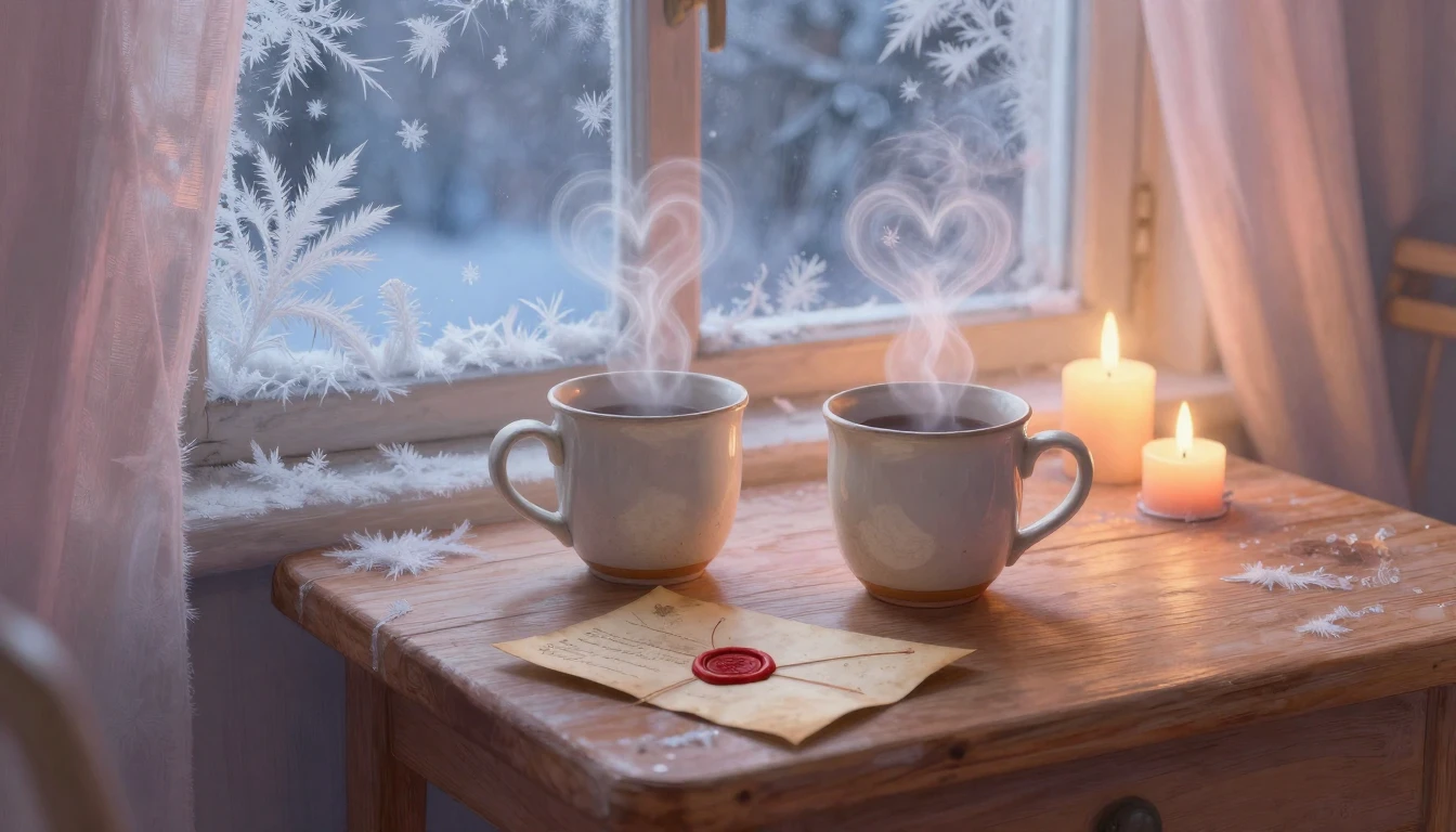 A romantic and cozy scene depicting a close-up of a small wo...