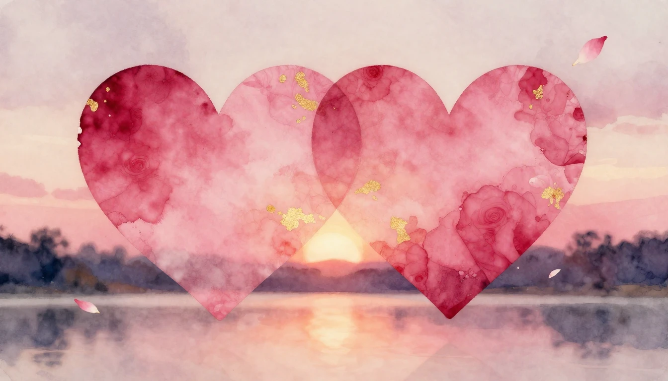 A soft watercolor painting of two abstract heart shapes merg...