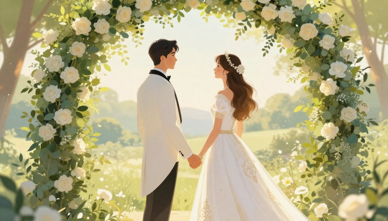 A romantic and dreamy illustration of a bride and groom hold...