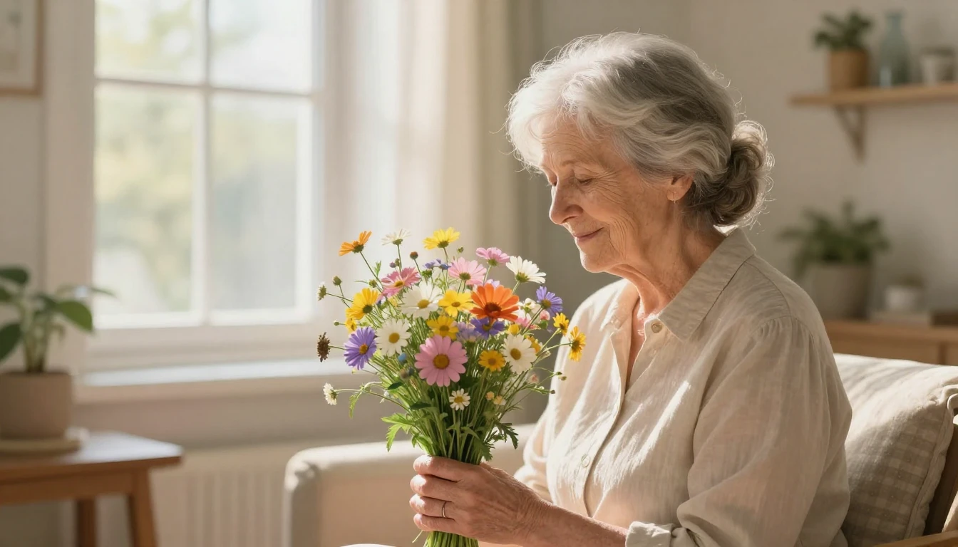 A warm and heartwarming illustration of an elderly mother ho...