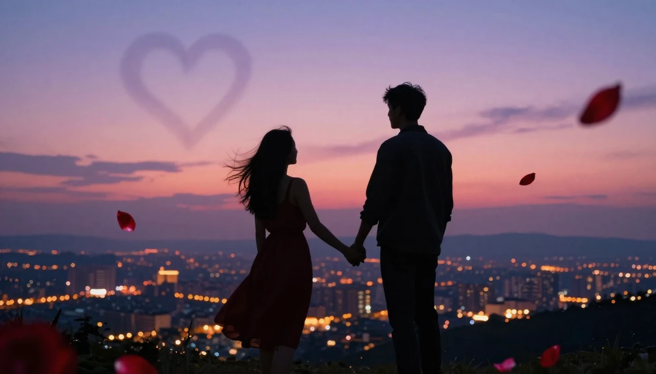 A romantic and dreamy scene featuring two silhouettes holdin...