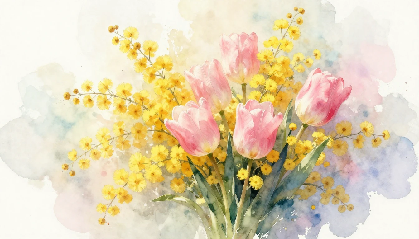 A delicate watercolor painting featuring a lush bouquet of y...