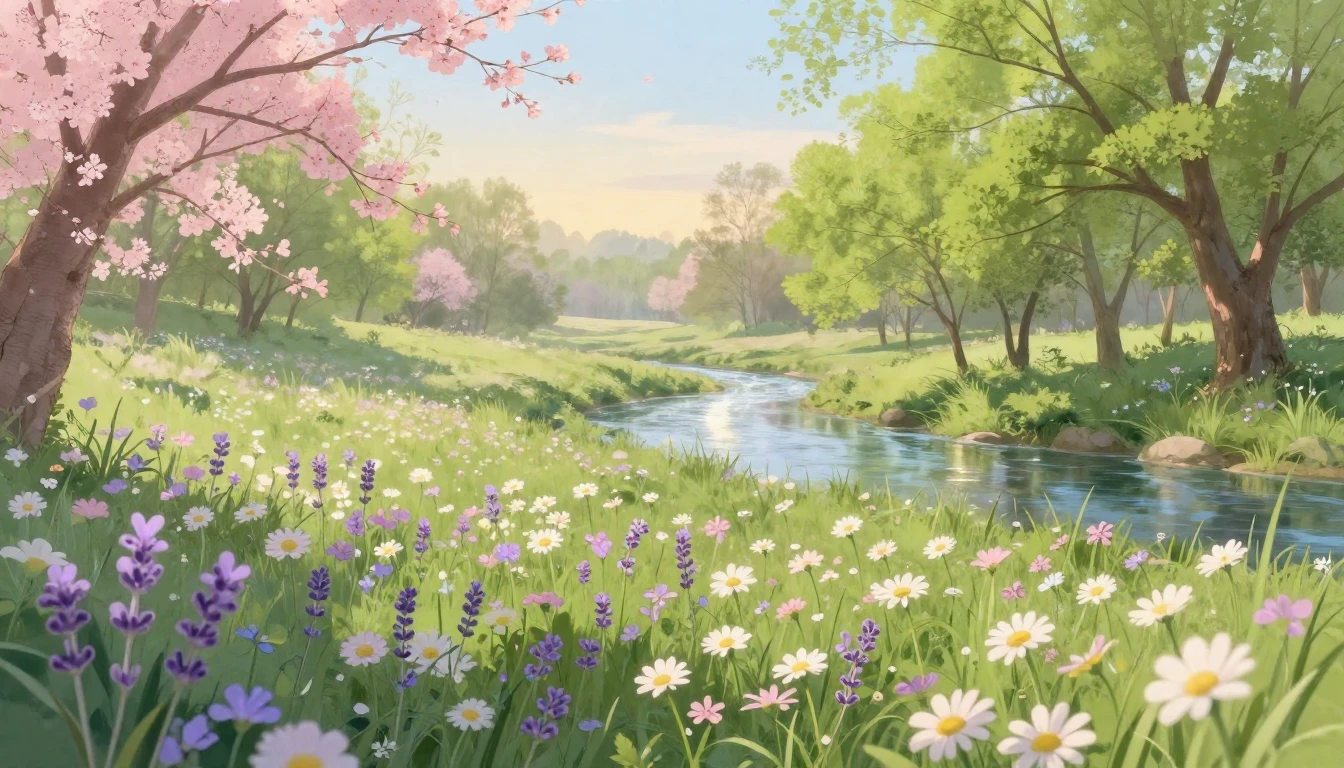 A breathtaking landscape of a lush meadow during early sprin...