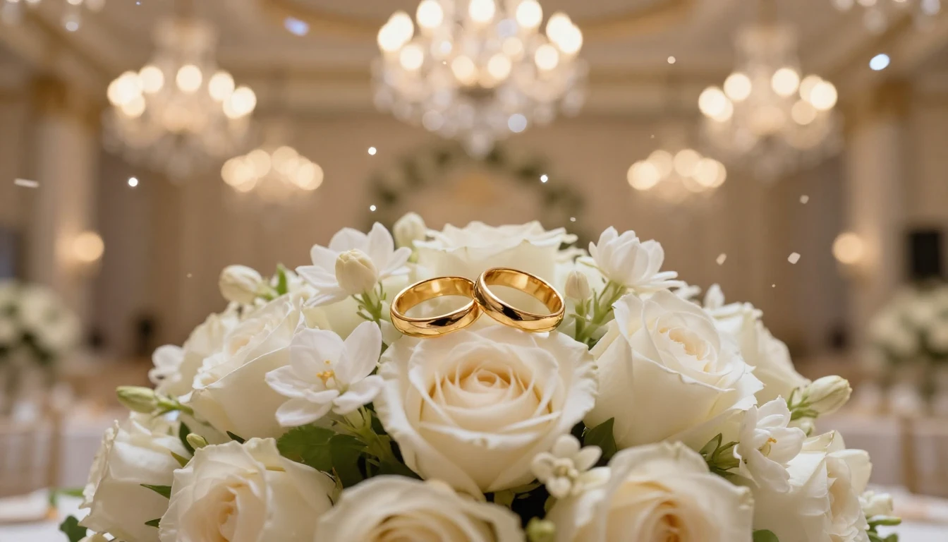 A cinematic close-up shot of a luxurious wedding celebration...
