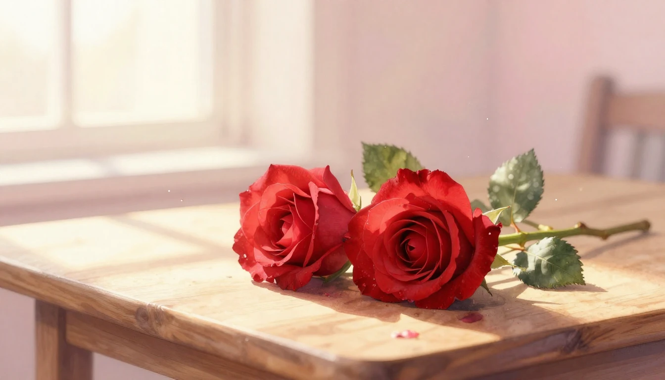 A delicate watercolor painting of two intertwined red roses ...