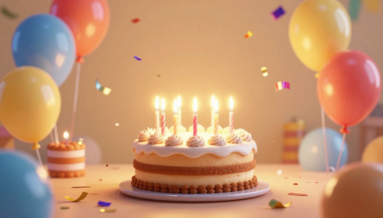 A vibrant and joyful birthday party scene, a delicious cake ...