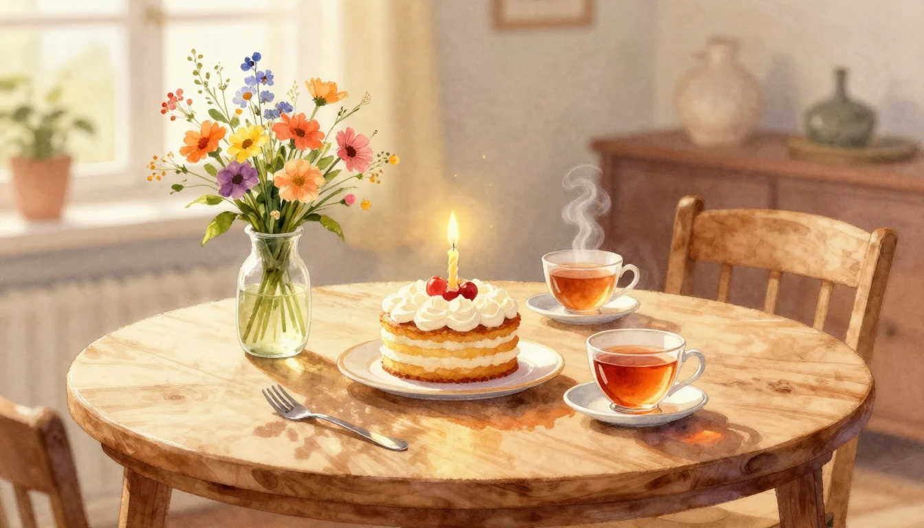 A beautiful watercolor painting of a cozy wooden table bathe...