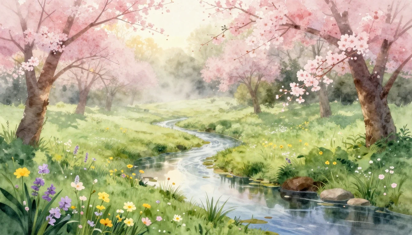 A breathtaking watercolor painting of a lush green meadow at...